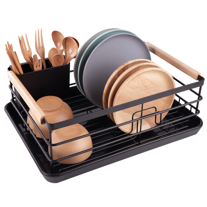 BRIAN & DANY Dish Drying Rack, Dish Racks for Kitchen Counter, Stainless Steel Dish Drainer with Removable Cutlery Holder & Drainboard, Black - Image 1